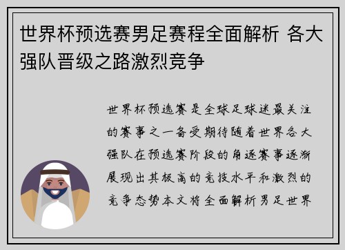 世界杯预选赛男足赛程全面解析 各大强队晋级之路激烈竞争 世界杯预选赛男足赛程全面解析 各大强队晋级之路激烈竞争